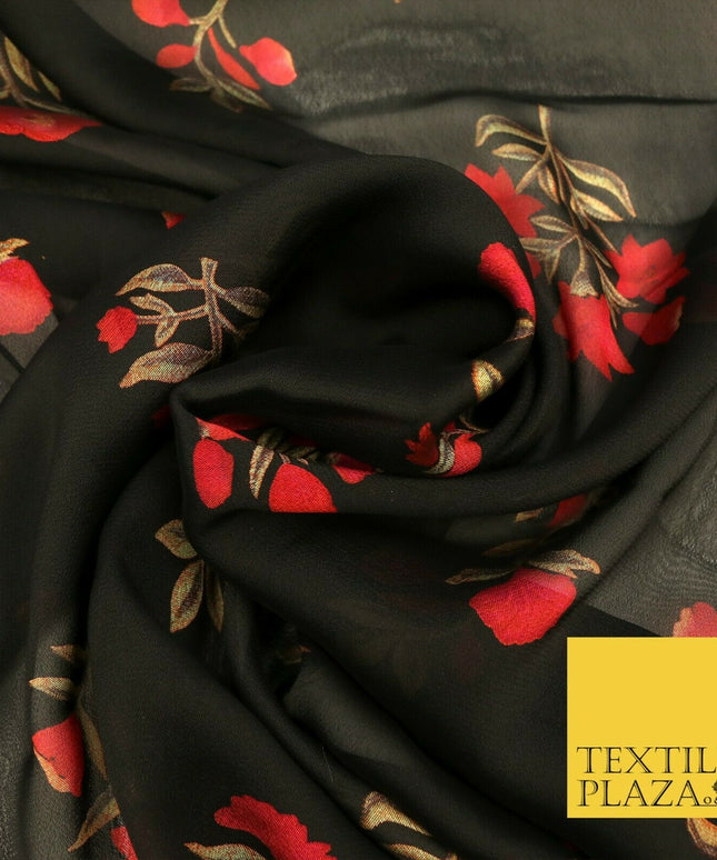 BLACK Floral Petunia Premium Printed Sheen Georgette Dress Fabric Drape 1668