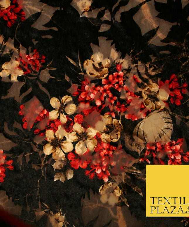 Floral Clusters Artsy Peony Pansy Flower Print Velvet Devore Burnout Net Fabric