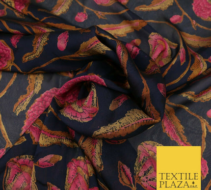 NAVY BLUE Floral Stem Premium Printed Sheen Georgette Dress Fabric Drape 1664