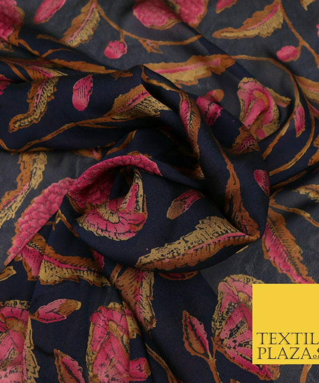 NAVY BLUE Floral Stem Premium Printed Sheen Georgette Dress Fabric Drape 1664