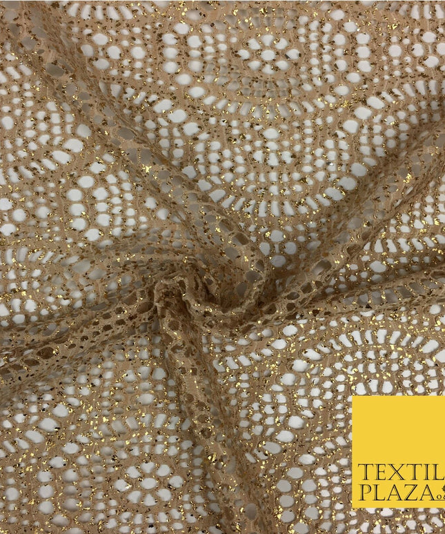 BEIGE GOLD With Foil Stretch Lace - Party Fabric Dress Fashion Material - 2312