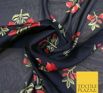 NAVY BLUE Floral Petunia Premium Printed Sheen Georgette Dress Fabric Drape 1667
