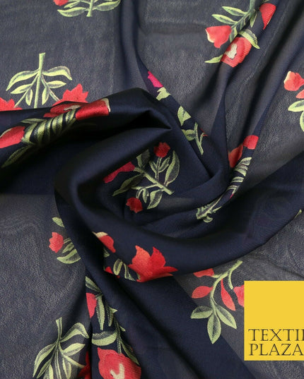 NAVY BLUE Floral Petunia Premium Printed Sheen Georgette Dress Fabric Drape 1667