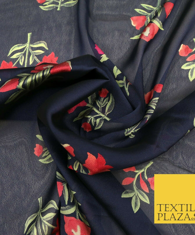 NAVY BLUE Floral Petunia Premium Printed Sheen Georgette Dress Fabric Drape 1667