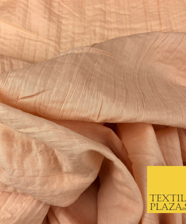PEACH Creased Crinkle Cotton Fabric Material - Crushed Craft Dress 55" 1269
