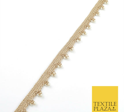 Light Gold White Pearl Trio Knot Beaded Ribbon Trim Border Indian Ethnic (X191)
