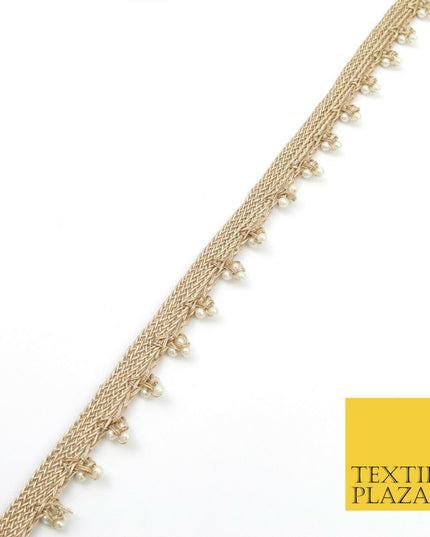 Light Gold White Pearl Trio Knot Beaded Ribbon Trim Border Indian Ethnic (X191)