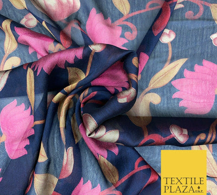 NAVY BLUE Floral Lotus Premium Printed Sheen Georgette Dress Fabric Drape 1669