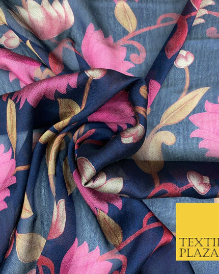 NAVY BLUE Floral Lotus Premium Printed Sheen Georgette Dress Fabric Drape 1669