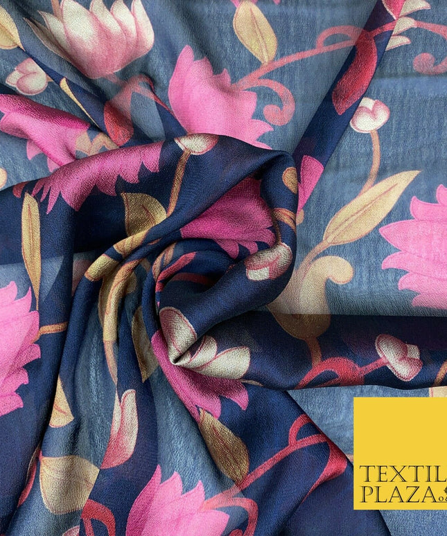 NAVY BLUE Floral Lotus Premium Printed Sheen Georgette Dress Fabric Drape 1669