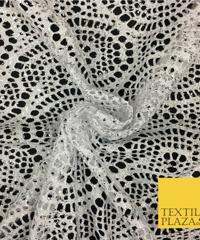WHITE with Silver Foil Stretch Lace - Party Fabric Dress Fashion Material - 2313