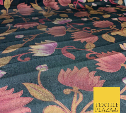 BLACK Floral Lotus Premium Printed Sheen Georgette Dress Fabric Drape 1670