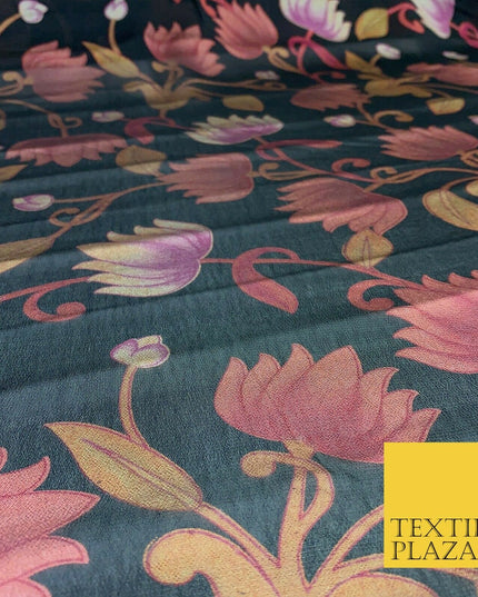 BLACK Floral Lotus Premium Printed Sheen Georgette Dress Fabric Drape 1670