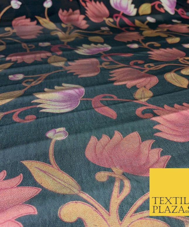 BLACK Floral Lotus Premium Printed Sheen Georgette Dress Fabric Drape 1670
