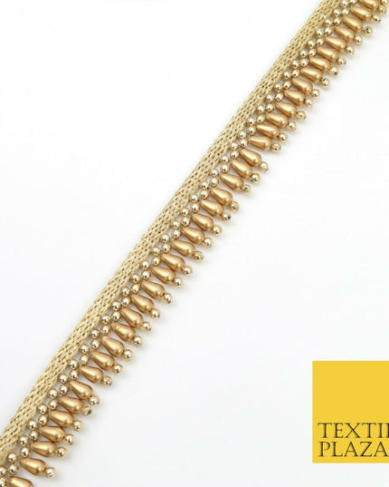 Antique Gold Pearl Teardrop Beaded Ribbon Trim Border Indian Ethnic (X185)