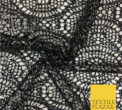 BLACK with SILVER Foil Stretch Lace Party Fabric Dress Fashion Material - 2311