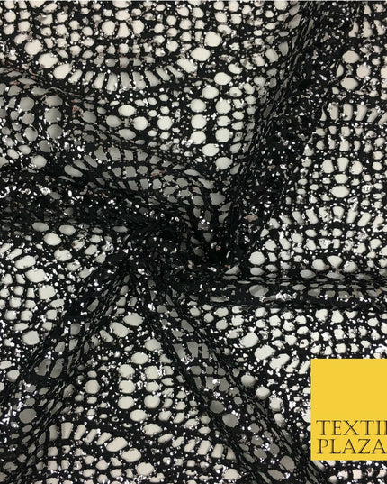 BLACK with SILVER Foil Stretch Lace Party Fabric Dress Fashion Material - 2311