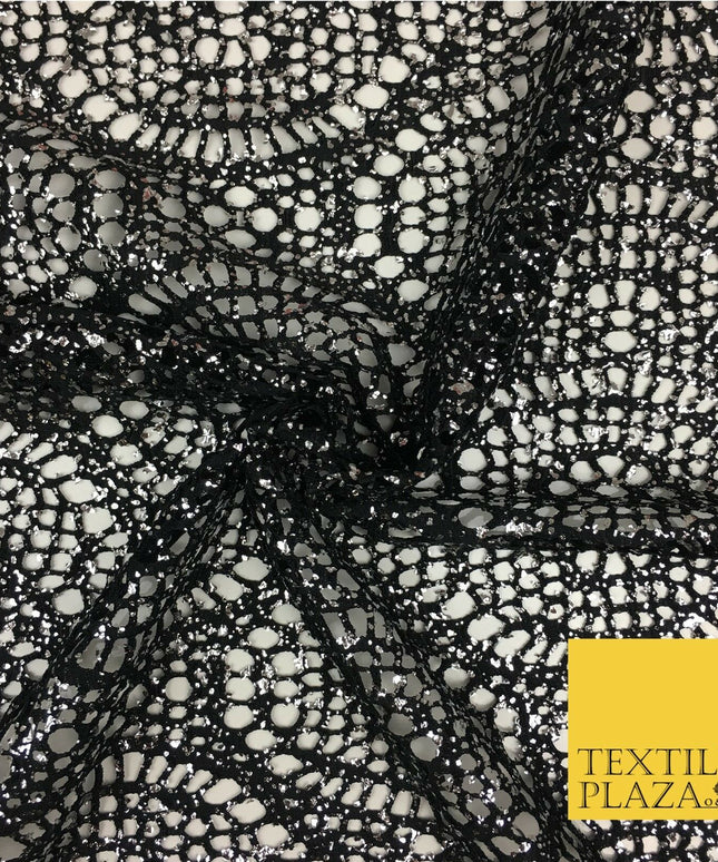 BLACK with SILVER Foil Stretch Lace Party Fabric Dress Fashion Material - 2311