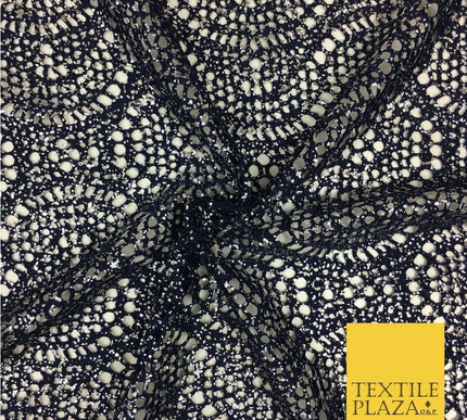 NAVY BLUE Silver Foil Stretch Lace - Party Fabric Dress Fashion Material - 2310