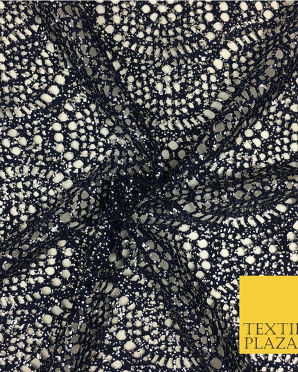 NAVY BLUE Silver Foil Stretch Lace - Party Fabric Dress Fashion Material - 2310