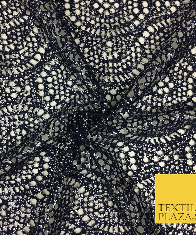 NAVY BLUE Silver Foil Stretch Lace - Party Fabric Dress Fashion Material - 2310