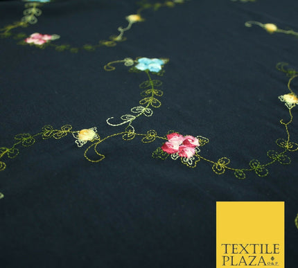 Navy Blue Multicolour Flowers Silky Threadwork Embroidered Peachskin Fabric 2831