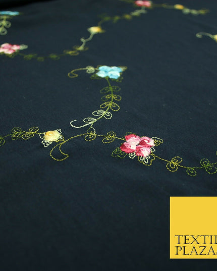 Navy Blue Multicolour Flowers Silky Threadwork Embroidered Peachskin Fabric 2831