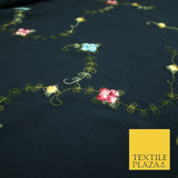 Navy Blue Multicolour Flowers Silky Threadwork Embroidered Peachskin Fabric 2831