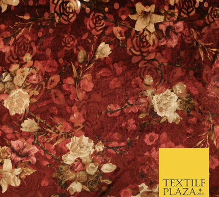 Floral Classic Sketch Roses Flower Mix Print Velvet Devore Burnout Net Fabric