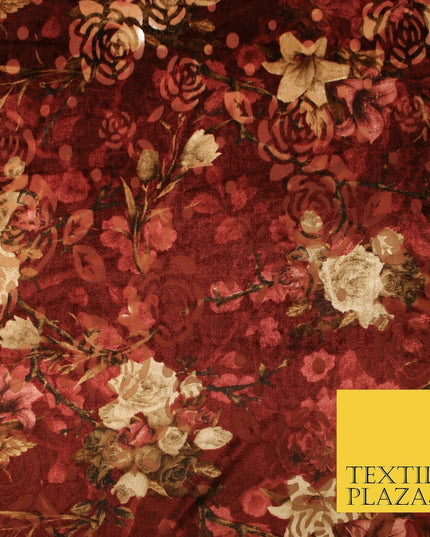 Floral Classic Sketch Roses Flower Mix Print Velvet Devore Burnout Net Fabric