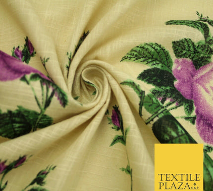 Large Rose Flower -  Summer Luxury 100% Printed Cream Floral Cotton Linen Fabric