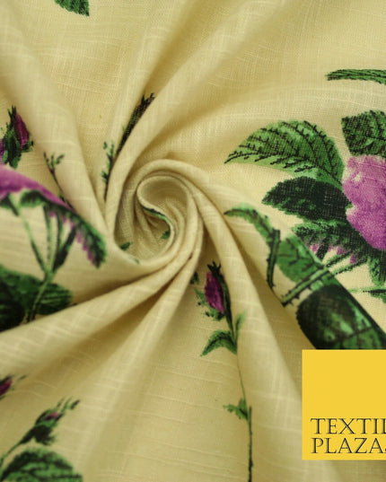 Large Rose Flower -  Summer Luxury 100% Printed Cream Floral Cotton Linen Fabric