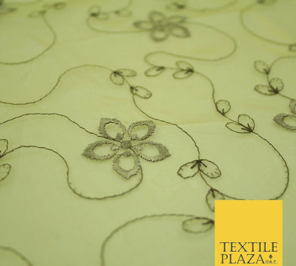 Gold Tonal Floral Flowing Lines Flower Embroidered Organza Dress Fabric 2815