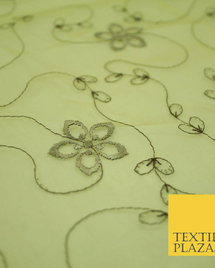 Gold Tonal Floral Flowing Lines Flower Embroidered Organza Dress Fabric 2815