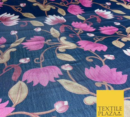 NAVY BLUE Floral Lotus Premium Printed Sheen Georgette Dress Fabric Drape 1669