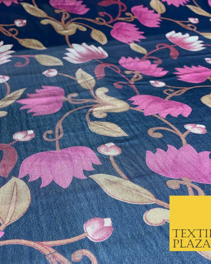 NAVY BLUE Floral Lotus Premium Printed Sheen Georgette Dress Fabric Drape 1669