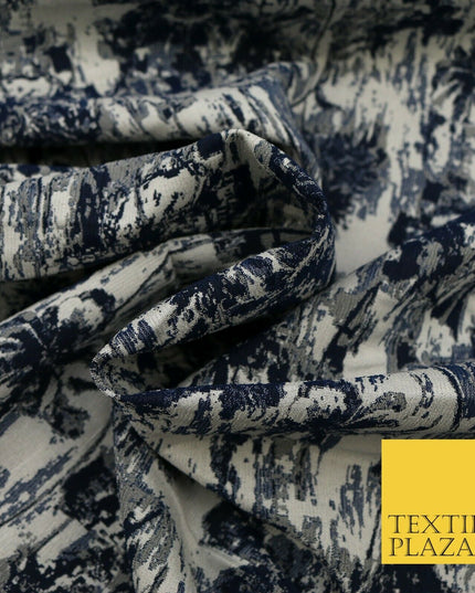 NAVY BLUE GREY Luxury Rainstorm Textured Brocade Jacquard Dress Fabric 1672