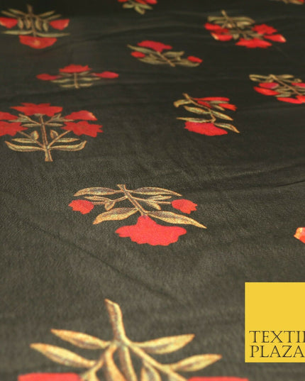 BLACK Floral Petunia Premium Printed Sheen Georgette Dress Fabric Drape 1668