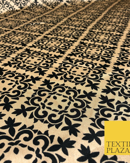 Gold Black Ornate Damask Printed Satin Dress Fabric Silky Trendy Craft 56" A1029