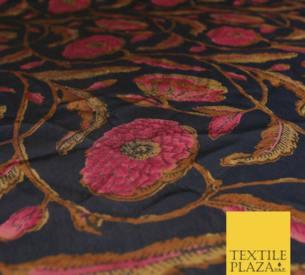 NAVY BLUE Floral Stem Premium Printed Sheen Georgette Dress Fabric Drape 1664