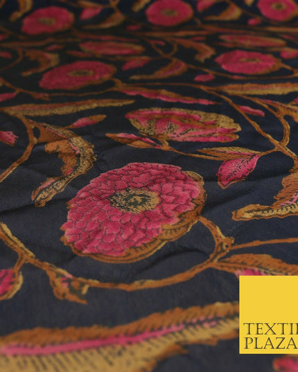 NAVY BLUE Floral Stem Premium Printed Sheen Georgette Dress Fabric Drape 1664
