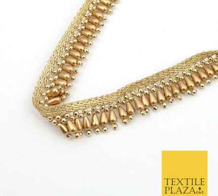 Antique Gold Pearl Teardrop Beaded Ribbon Trim Border Indian Ethnic (X185)