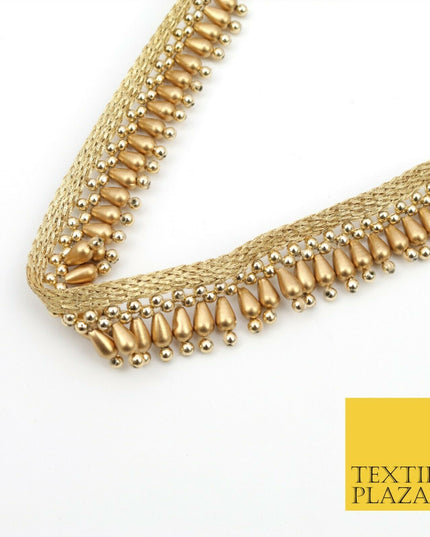 Antique Gold Pearl Teardrop Beaded Ribbon Trim Border Indian Ethnic (X185)