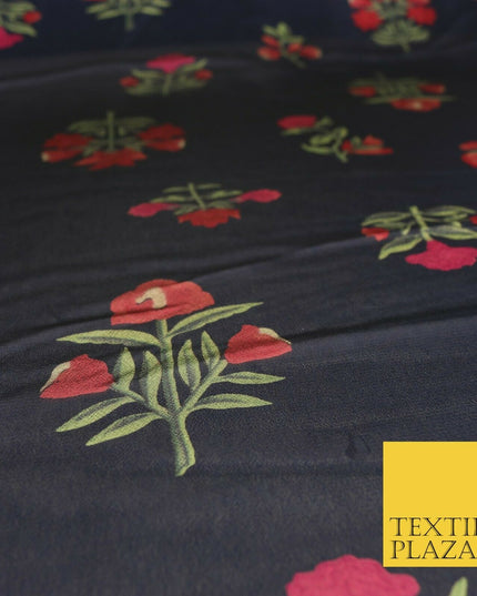 NAVY BLUE Floral Petunia Premium Printed Sheen Georgette Dress Fabric Drape 1667