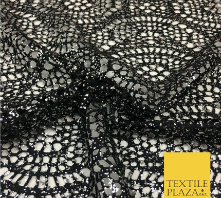 BLACK with SILVER Foil Stretch Lace Party Fabric Dress Fashion Material - 2311