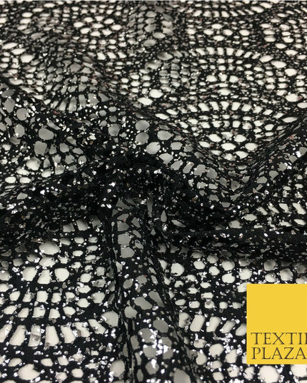 BLACK with SILVER Foil Stretch Lace Party Fabric Dress Fashion Material - 2311