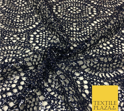 NAVY BLUE Silver Foil Stretch Lace - Party Fabric Dress Fashion Material - 2310