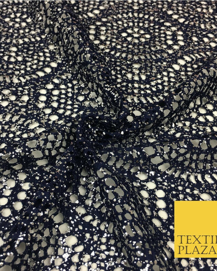 NAVY BLUE Silver Foil Stretch Lace - Party Fabric Dress Fashion Material - 2310