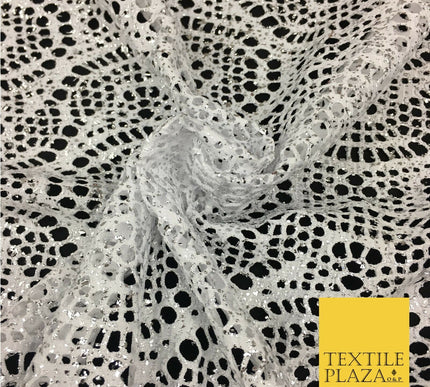 WHITE with Silver Foil Stretch Lace - Party Fabric Dress Fashion Material - 2313
