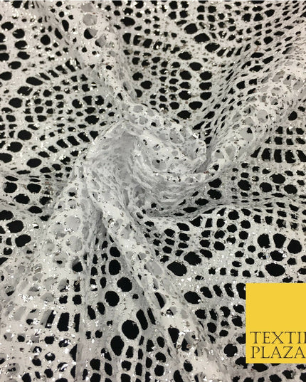 WHITE with Silver Foil Stretch Lace - Party Fabric Dress Fashion Material - 2313
